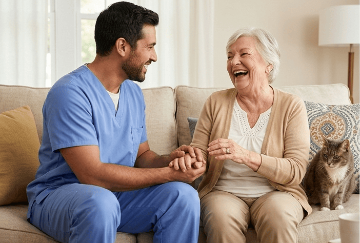 Male nurse sharing a laugh with an elderly patient at home