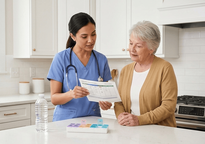 Nurse explaining a medication schedule to an elderly patient